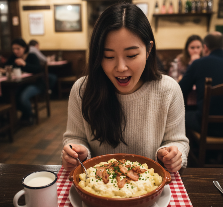 슬로바키아 브라티슬라바 전통음식 브린조베 할루슈키 맛집 가이드 - 레스토랑에서 감자반죽 요리를 즐기는 여행자