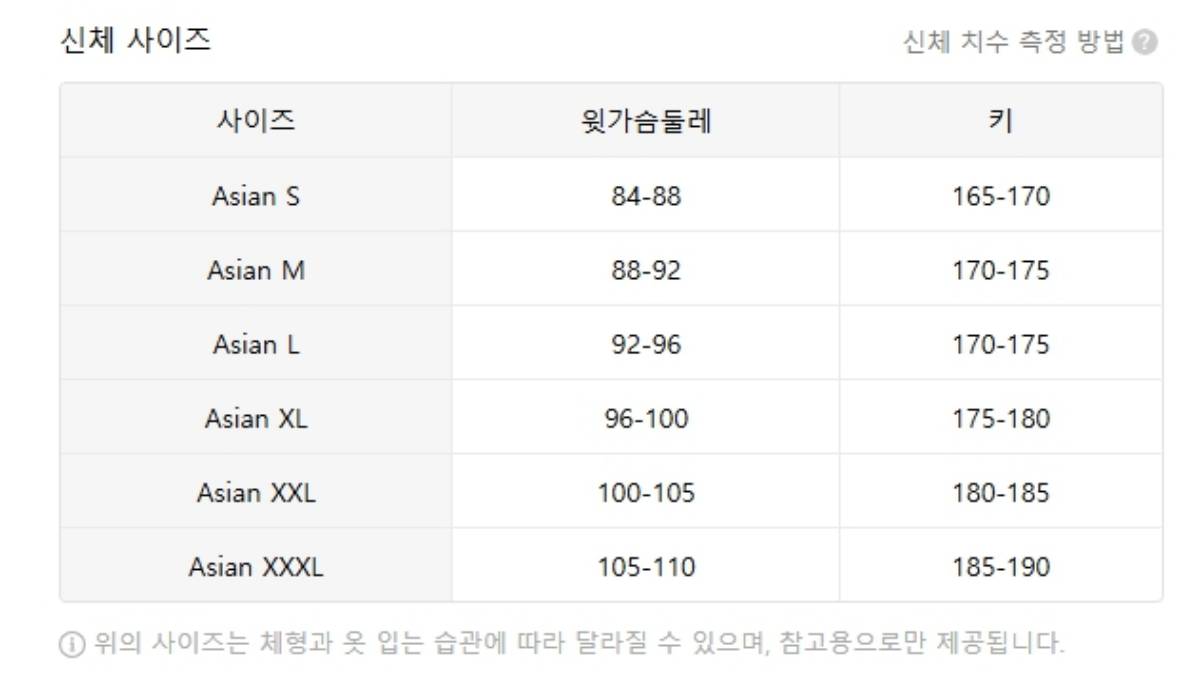 해외직구-테무-겨울-남녀공용-패딩-신체-사이즈표-아시아-기준