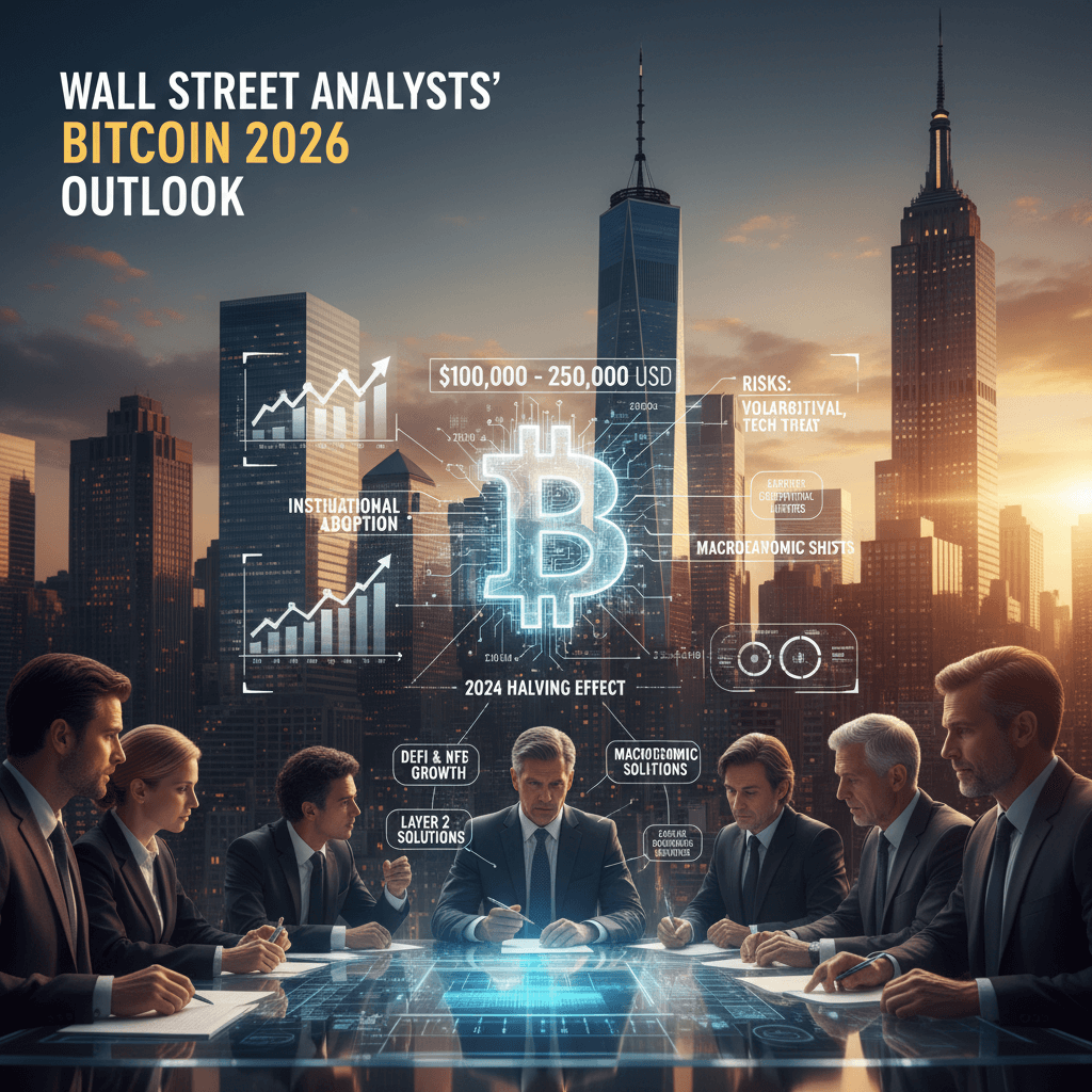 월스트리트 분석가들이 2026년 비트코인 전망을 논의하는 모습. 비트코인 10만~25만 달러 가격, 2024년 반감기 효과, 기관 채택, 거시경제 변화 및 위험 요소들을 시각적으로 제시
