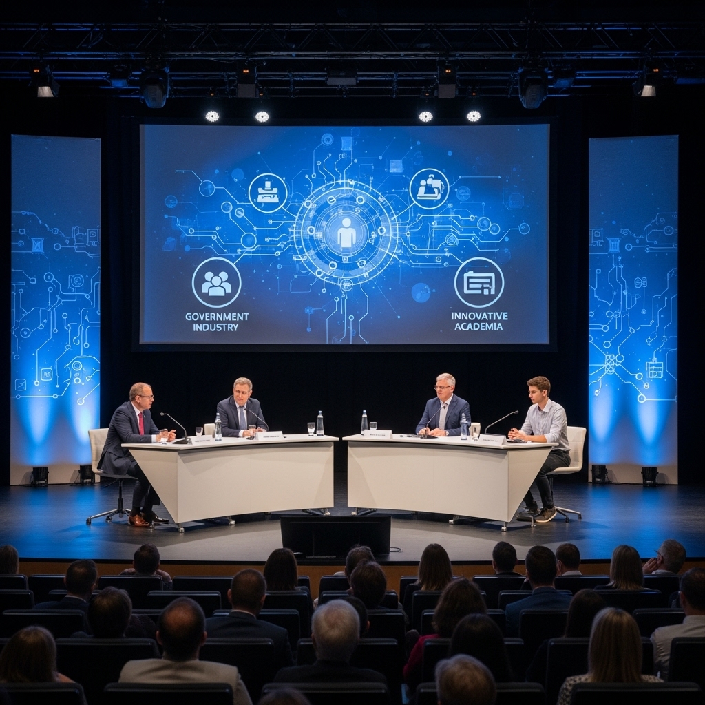 정부, 산업계, 학계 관계자들이 협력하여 반도체 산업의 미래를 논의하는 모습입니다. 미래 지향적인 기술과 인재들의 협업을 통해 산업 발전을 이루는 비전을 담고 있습니다.