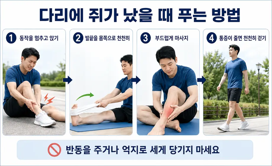 발끝을 몸쪽으로 당기고 종아리를 마사지하는 다리 쥐 푸는 방법