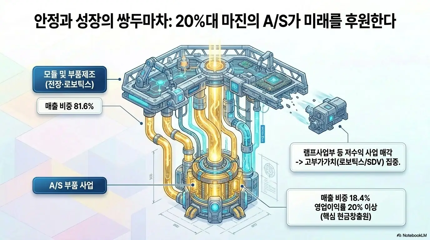 현대모비스 주가 전망: &amp;#39;안정과 성장의 쌍두마차&amp;#44; 20%대 마진의 A/S가 미래를 후원한다&amp;#39;라는 문구가 포함된 인포그래픽 이미지. 이 이미지는 현대모비스의 모듈&middot;부품제조 81.6%와 A/S 부품 18.4% 매출 구조 및 20%대 영업이익률의 핵심 현금창출원 역할을 시각적으로 전달하며&amp;#44; 블로그의 현대모비스 주가 전망과 관련된 내용을 설명함 