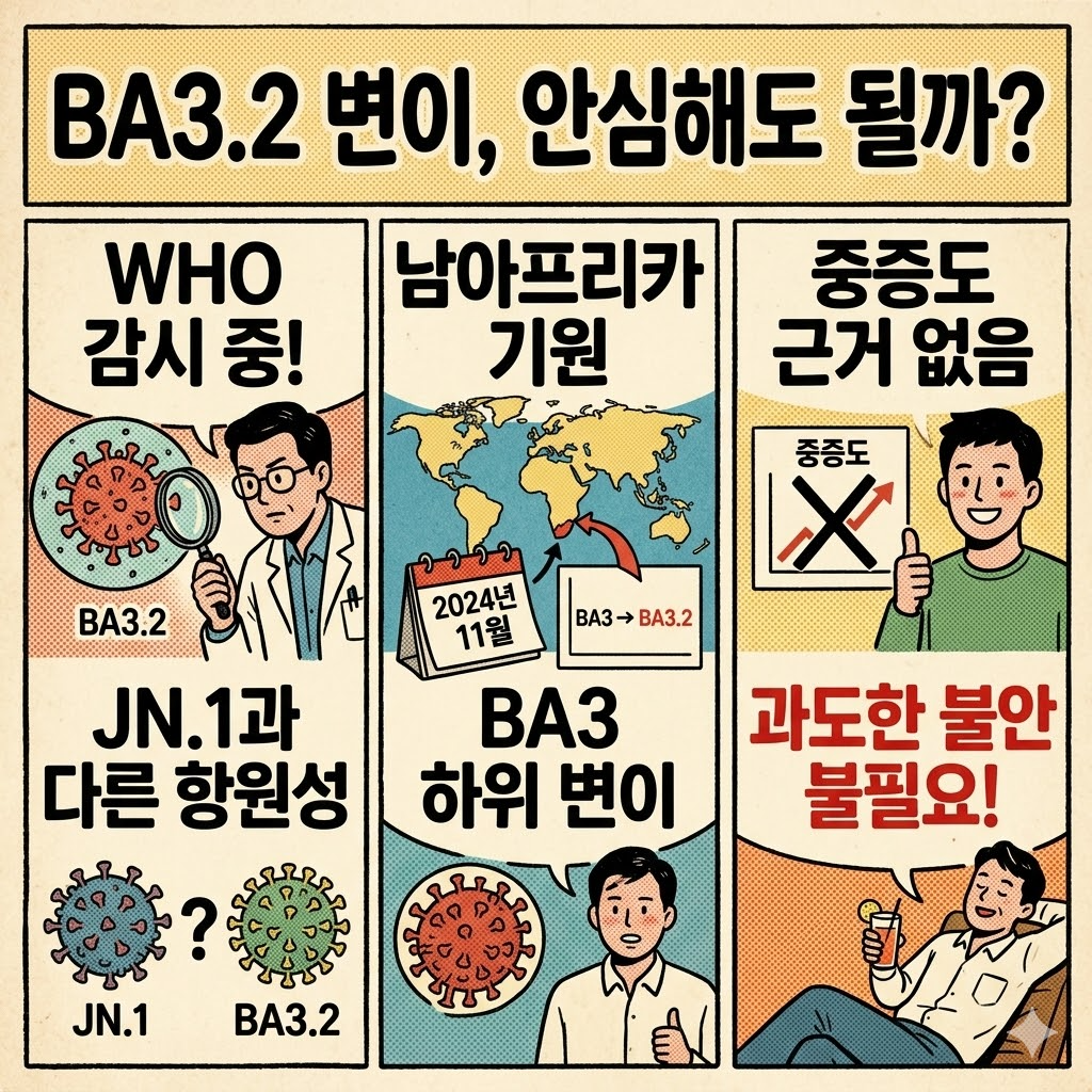 BA3.2 변이의 정체를 설명한 인포그래픽, WHO 감시 대상 변이이며 남아프리카 기원이고 중증도 급상승 근거는 없다는 내용