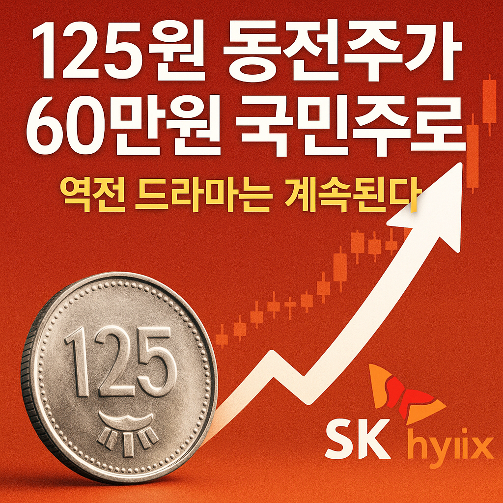 &ldquo;125원 동전주에서 60만원 국민주로 성장한 SK하이닉스의 극적인 기업 역사와 HBM 성공 스토리를 요약한 썸네일 이미지&rdquo;