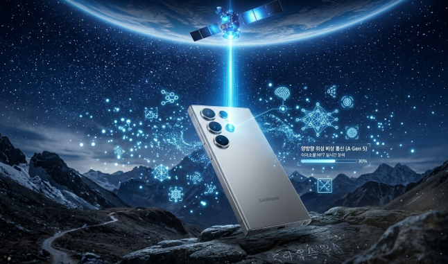 산악 지대에서 밤하늘의 위성과 직접 연결되어 통신하는 갤럭시 S26 울트라의 모습
