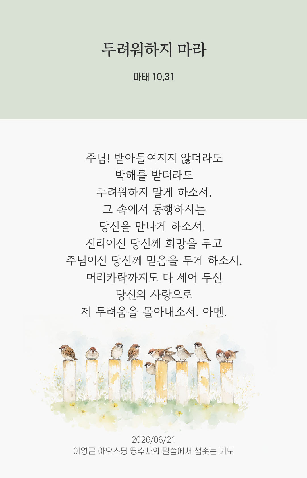 렉시오 디비나 말샘기도 마태오복음 10장 31절 기도 이미지