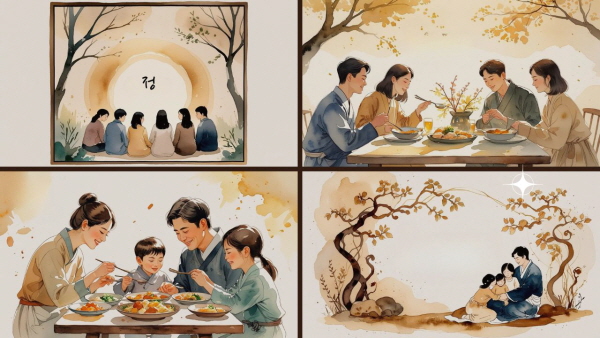‘정’은 한국인의 마음속에 깊이 뿌리내린 정서입니다. 함께 밥을 먹고, 서로를 챙기며, 말 없이도 통하는 마음의 결입니다에 관한 그림