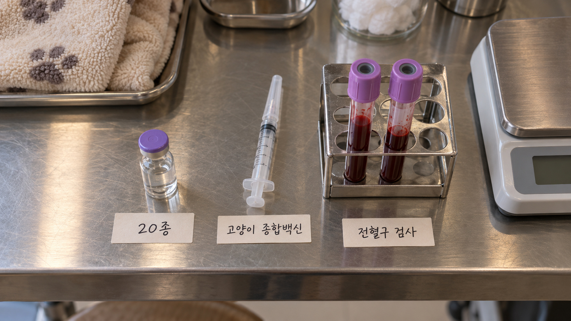 고양이 종합백신 병과 채혈관이 놓인 진료대