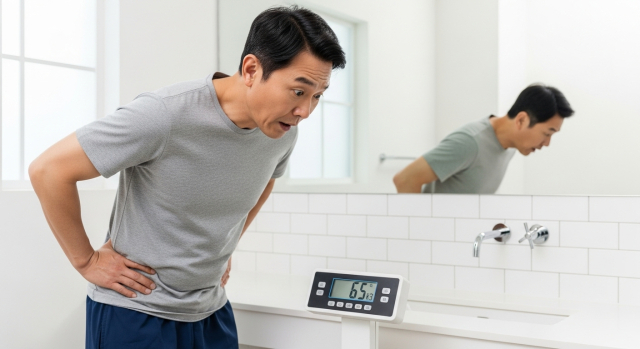 체중계 위에서 놀라는 중년 남성