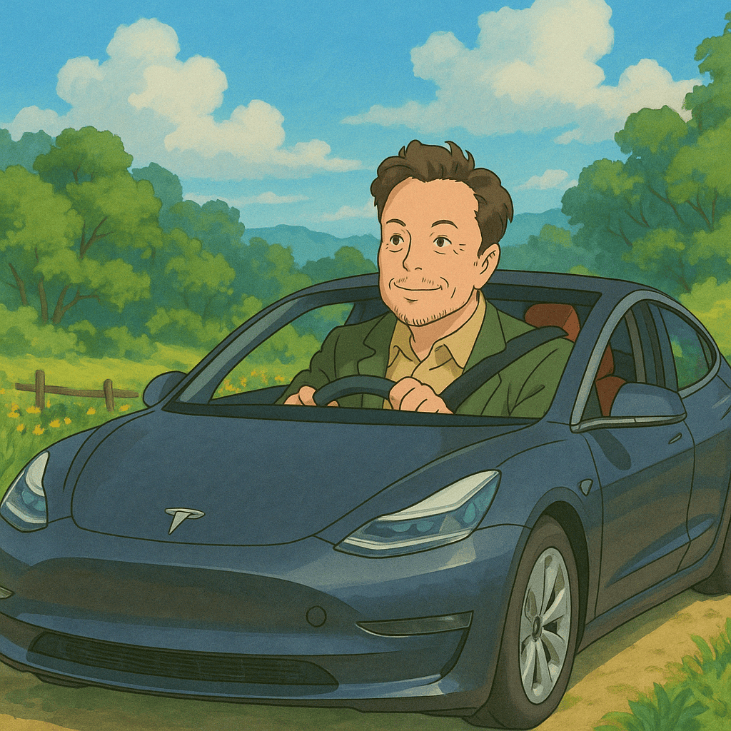 지브리풍으로 그려진 테슬라를 운전하는 일론 머스크