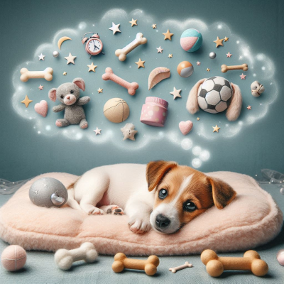 구름 위에서 강아지가 편안하게 자고 있으며, 별과 공이 떠 있는 장면.