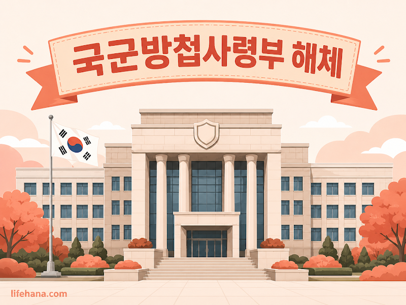 국군방첩사령부 청사 전경과 해체 발표를 다룬 따뜻한 코랄 톤의 일러스트