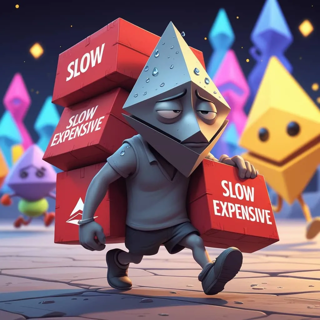 이더리움의 속도와 수수료가 옵티미즘 코인에 비해서 느리고 비싸다는 것을 의인화된 이더리움 캐릭터가 무거운 박스를 힘들게 옮기고 있는 모습의 이미지.