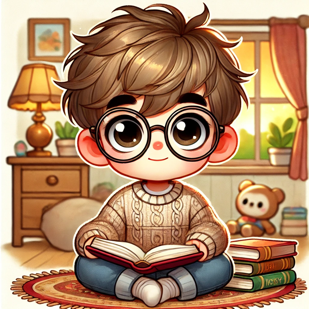 남자아이가 안경을 쓰고 책을 들고 있는 모습의 일러스트