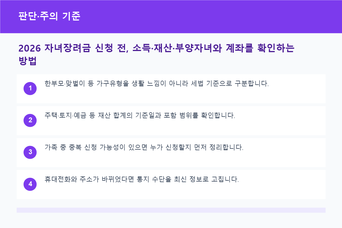 2026 자녀장려금 신청 전, 소득·재산·부양자녀와 계좌를 확인하는 방법 판단·주의 기준 정보 이미지