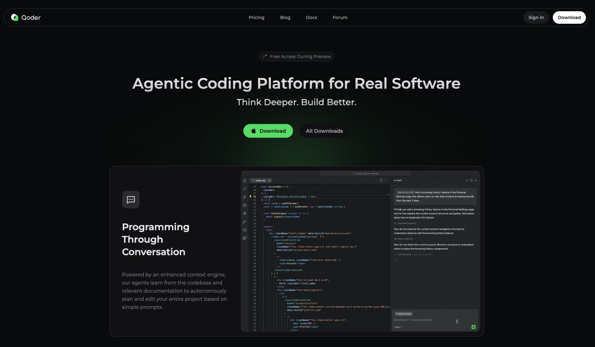Qoder AI agentic coding platform interface showing autonomous code generation, codebase analysis, and Quest Mode features