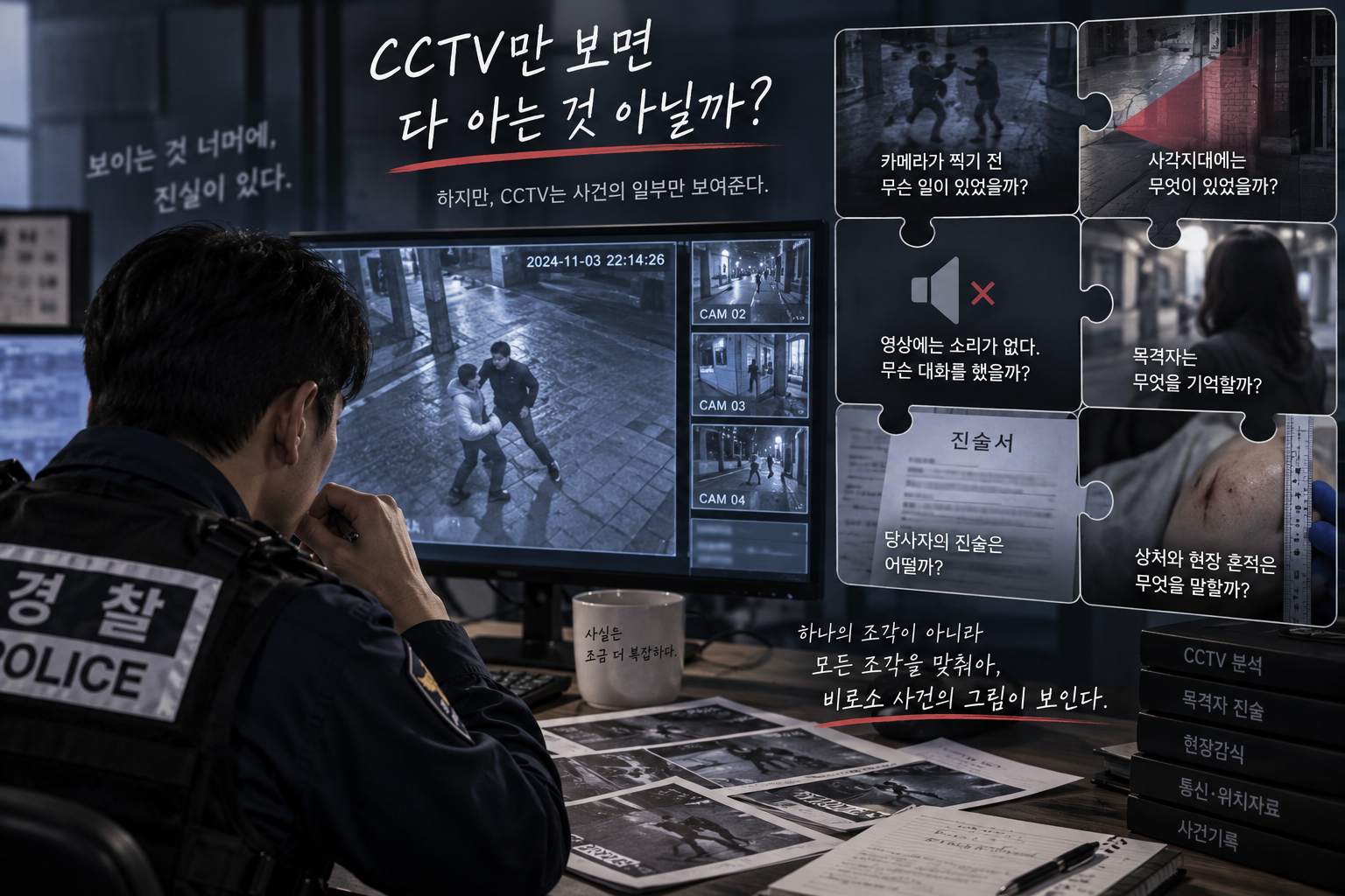 CCTV 장면과 이를 보고 있는 경찰관