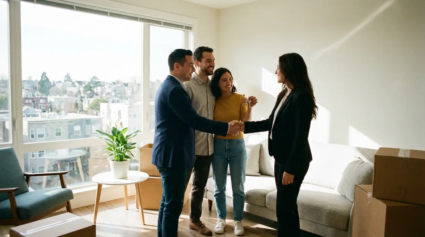 모든 대출 절차를 마치고 새 집으로 이사하여 편안하게 웃으며 악수하는 모습