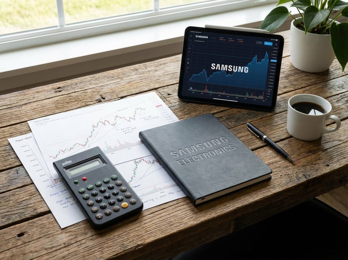 주식 차트와 계산기, 그리고 삼성전자 로고가 세련되게 배치된 책상 위의 투자 분석 레이아웃
