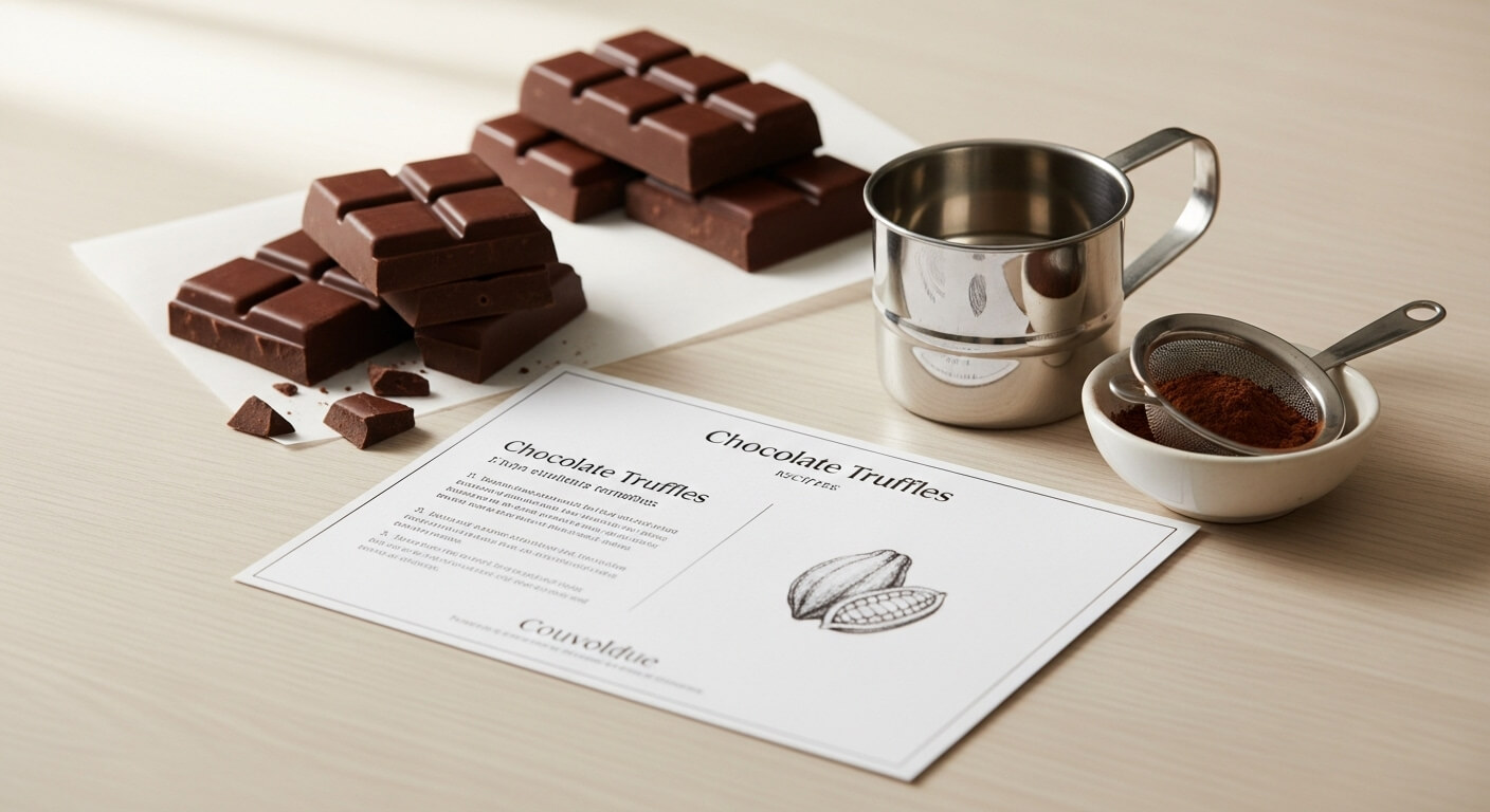고급 다크 초콜릿 블록과 코코아 파우더가 정갈하게 담긴 파베 초콜릿 수제 키트. 우아하고 만들기 쉬워 보이는 구성.