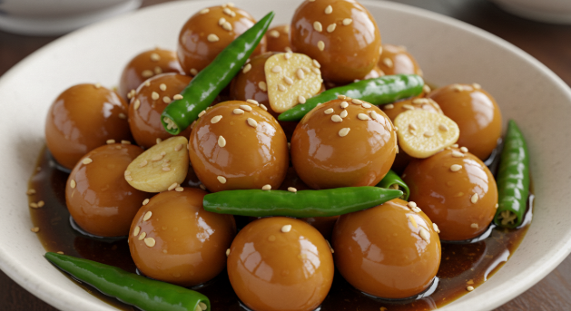 쁜 접시에 담긴 메추리알 장조림