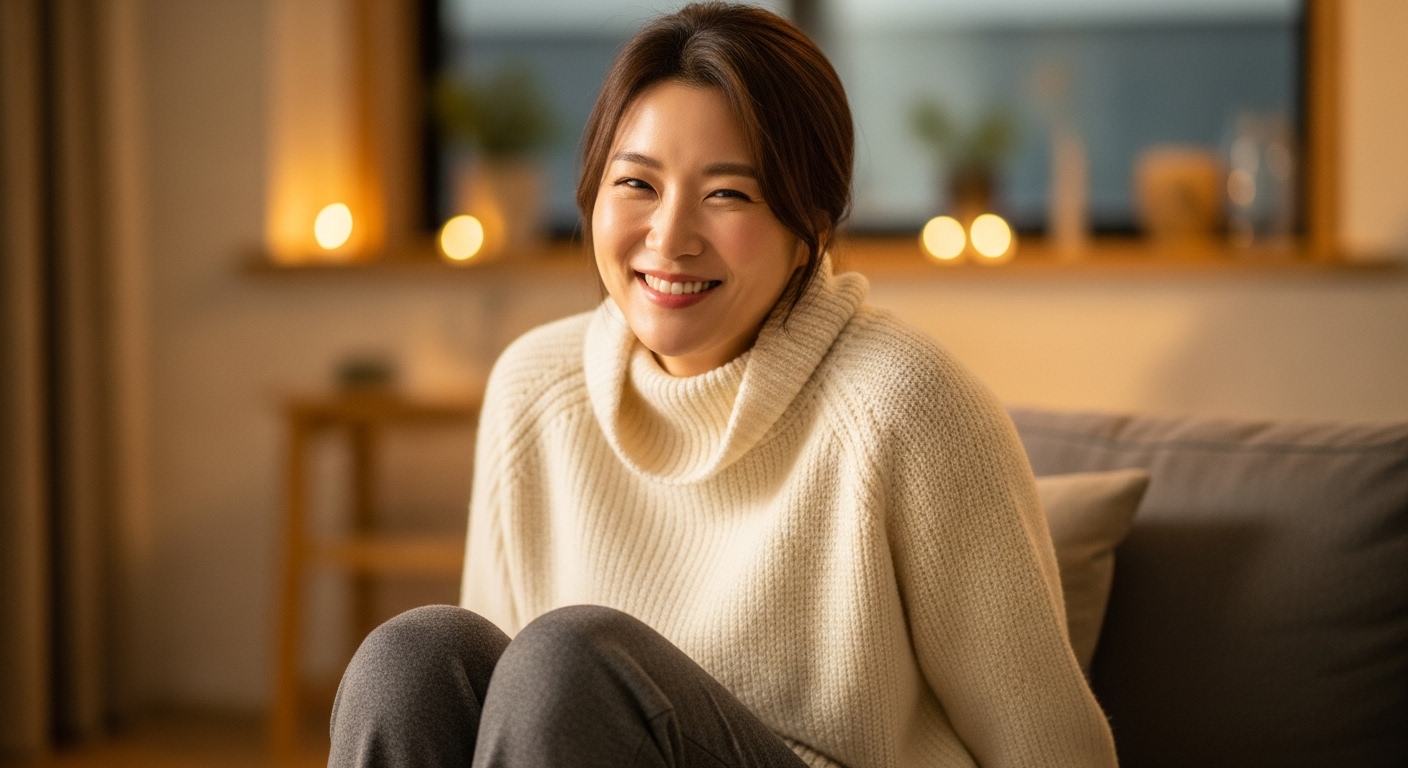 편안하고 쾌적하게 겨울 옷을 입고 웃고 있는 여성