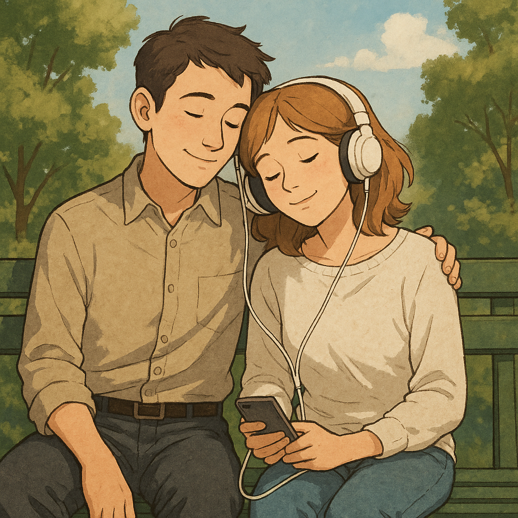 음악을 듣는 남녀 사진