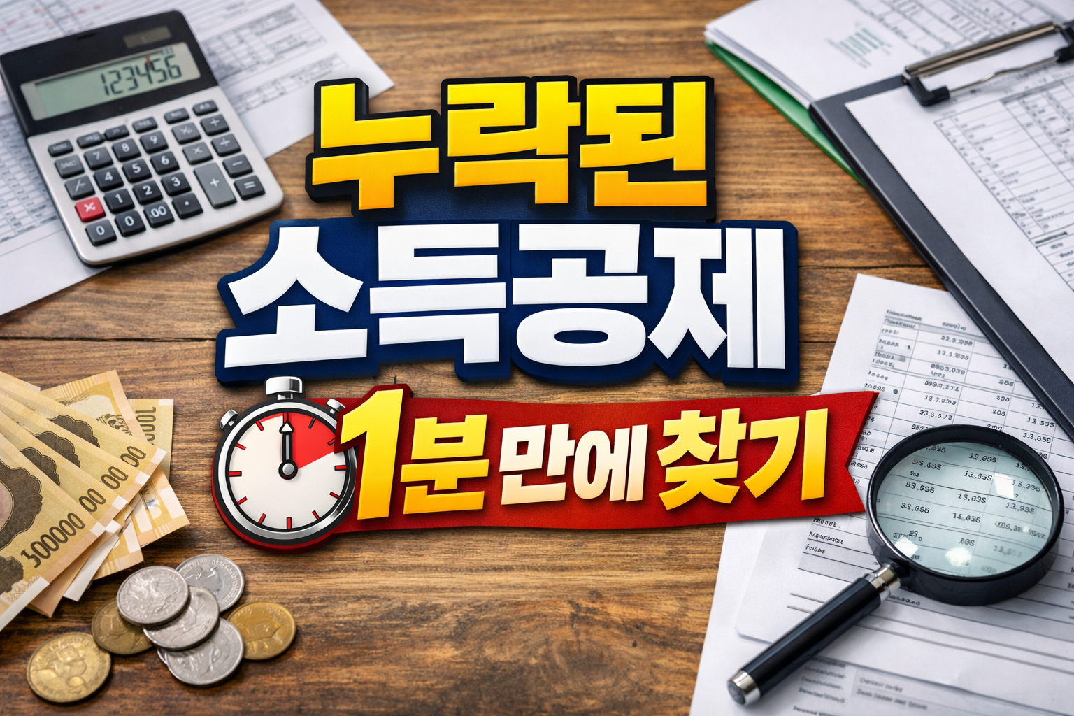 소득공제 서류와 계산기, 시계 아이콘이 배치된 이미지로 현금영수증 소득공제 누락 해결을 표현한 썸네일