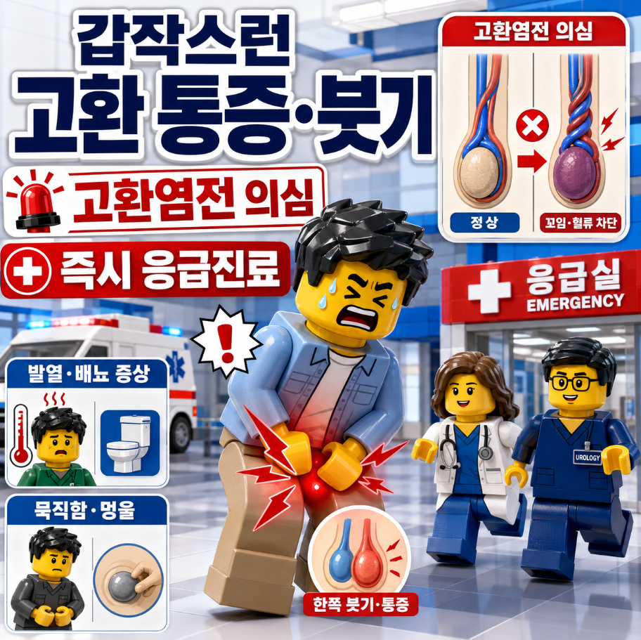 갑작스런 한쪽 고환 통증과 붓기, 고환염전 의심 증상과 즉시 응급진료 시점을 설명하는 의료 인포그래픽