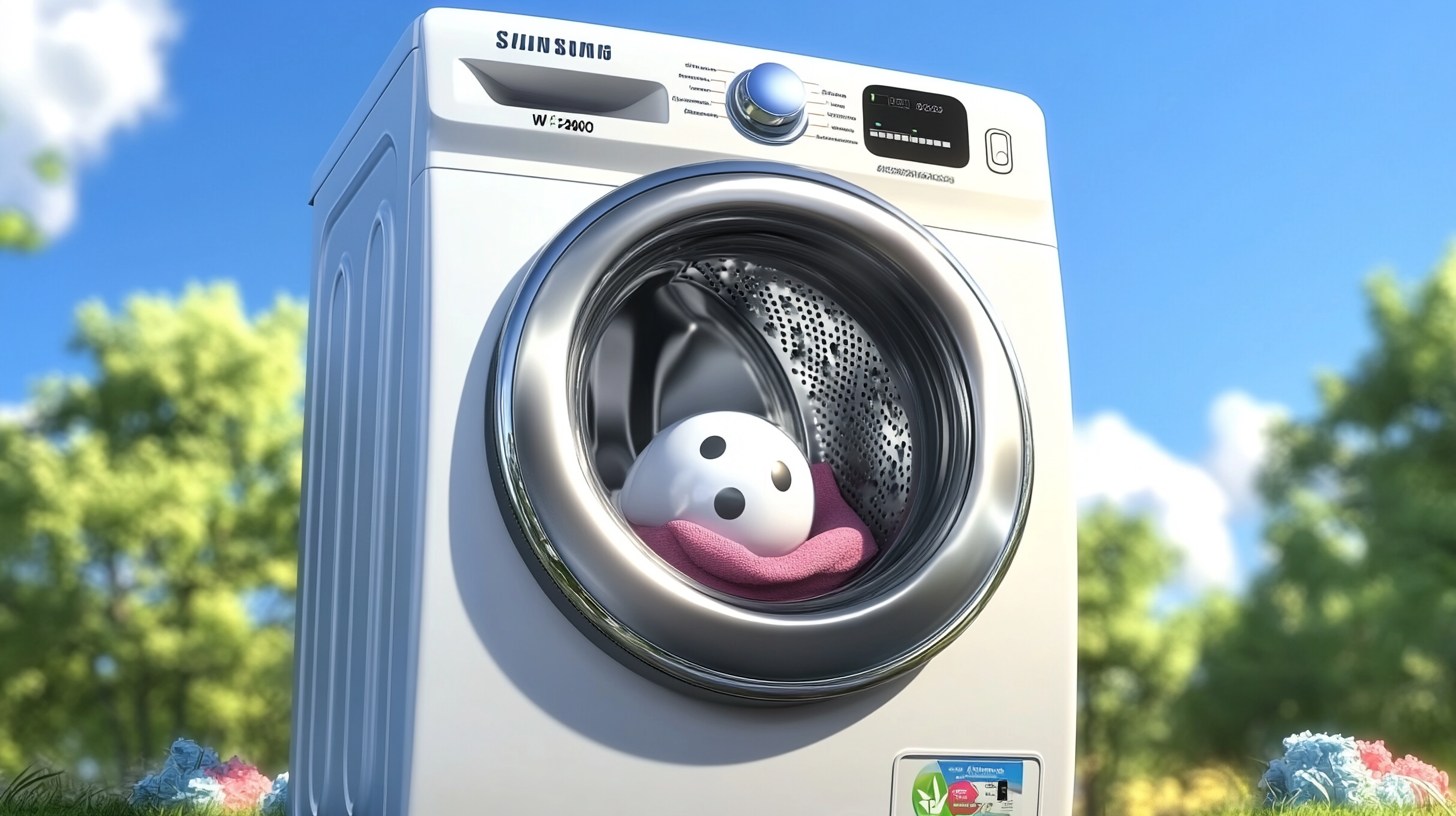 에너지 절약형 삼성 WF2420HCWWC 세탁기의 창의적인 표현, 에너지 스타 로고와 에코 프렌들리 요소가 강조된 이미지