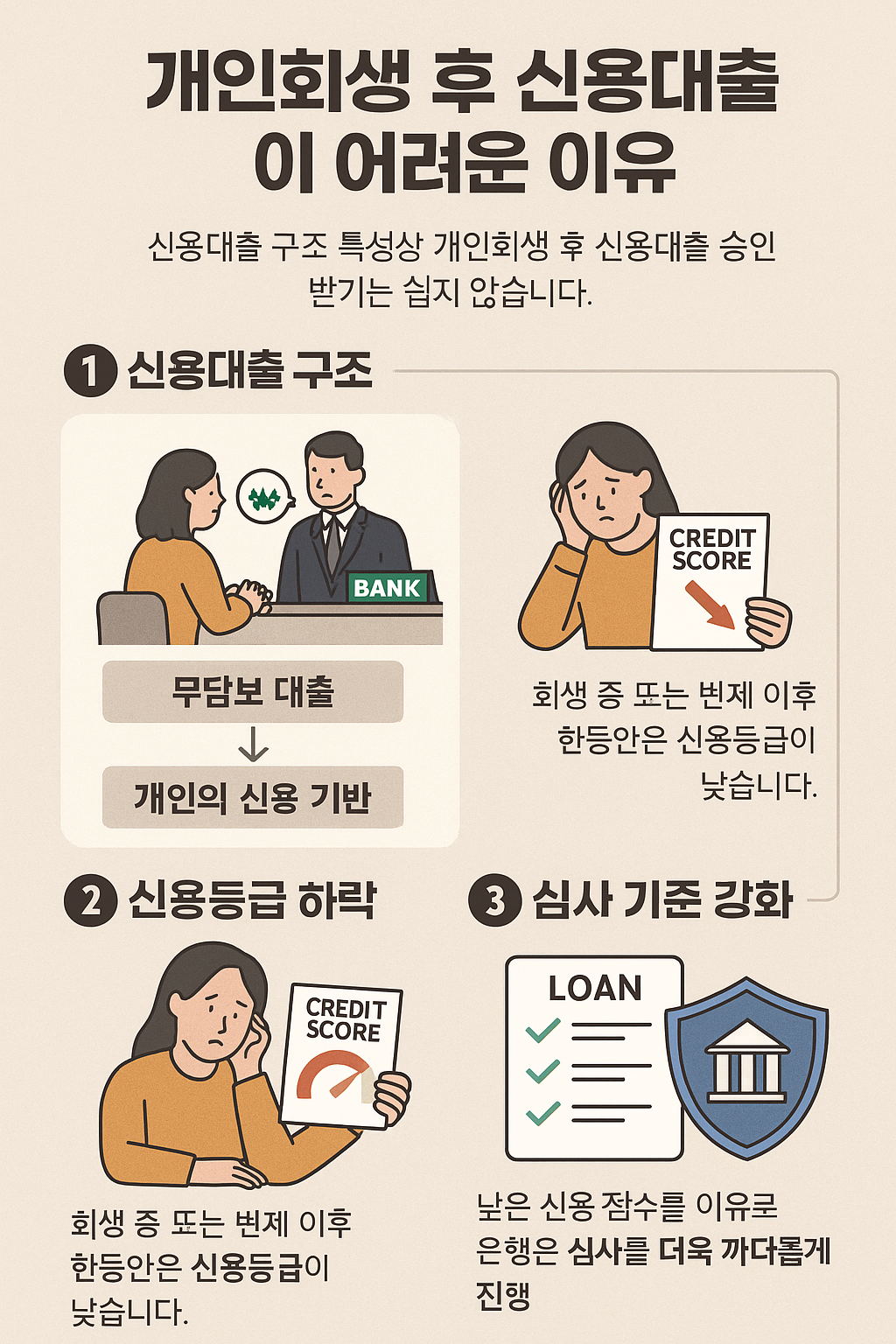 개인회생 이후 신용대출 구조도: 차주-은행-신용평가-보증기관 흐름도