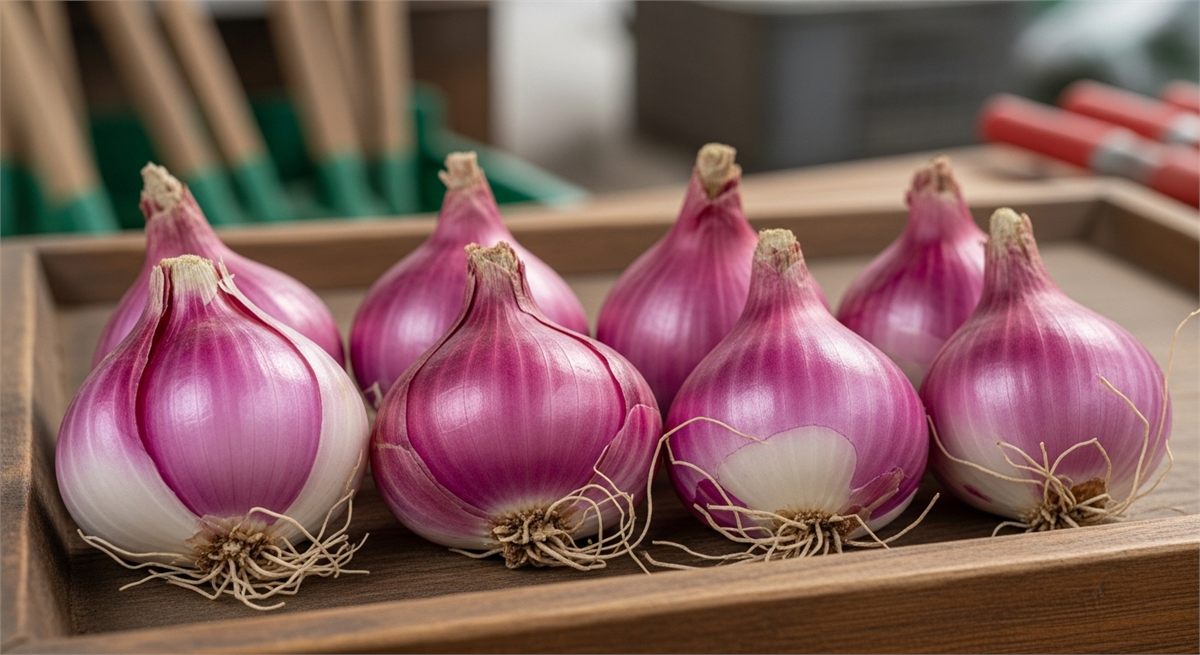 단단하고 마른 쪽파 종구를 고르는 클로즈업 장면 