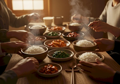 한국 가정집 식탁에서 김이 나는 밥과 반찬에 손을 뻗으며 함께 식사하는 가족들의 따뜻한 모습