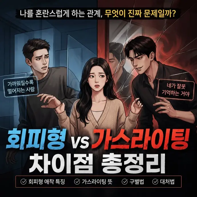 연인 관계에서 회피형 애착(Avoidant Attachment)과 가스라이팅(Gaslighting) 차이를 비교하는 감정 혼란 장면