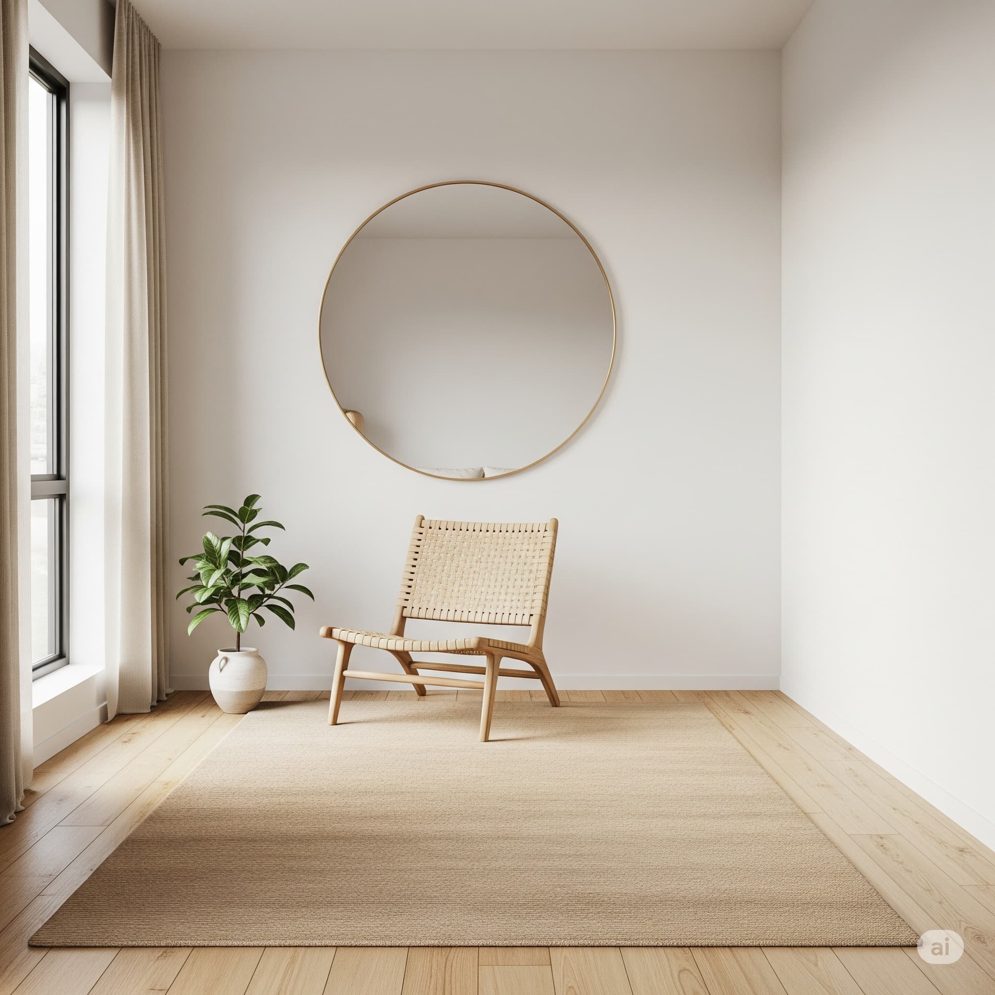 베이지 러그와 라탄 의자, 라운드 거울이 배치된 미니멀 인테리어 원룸