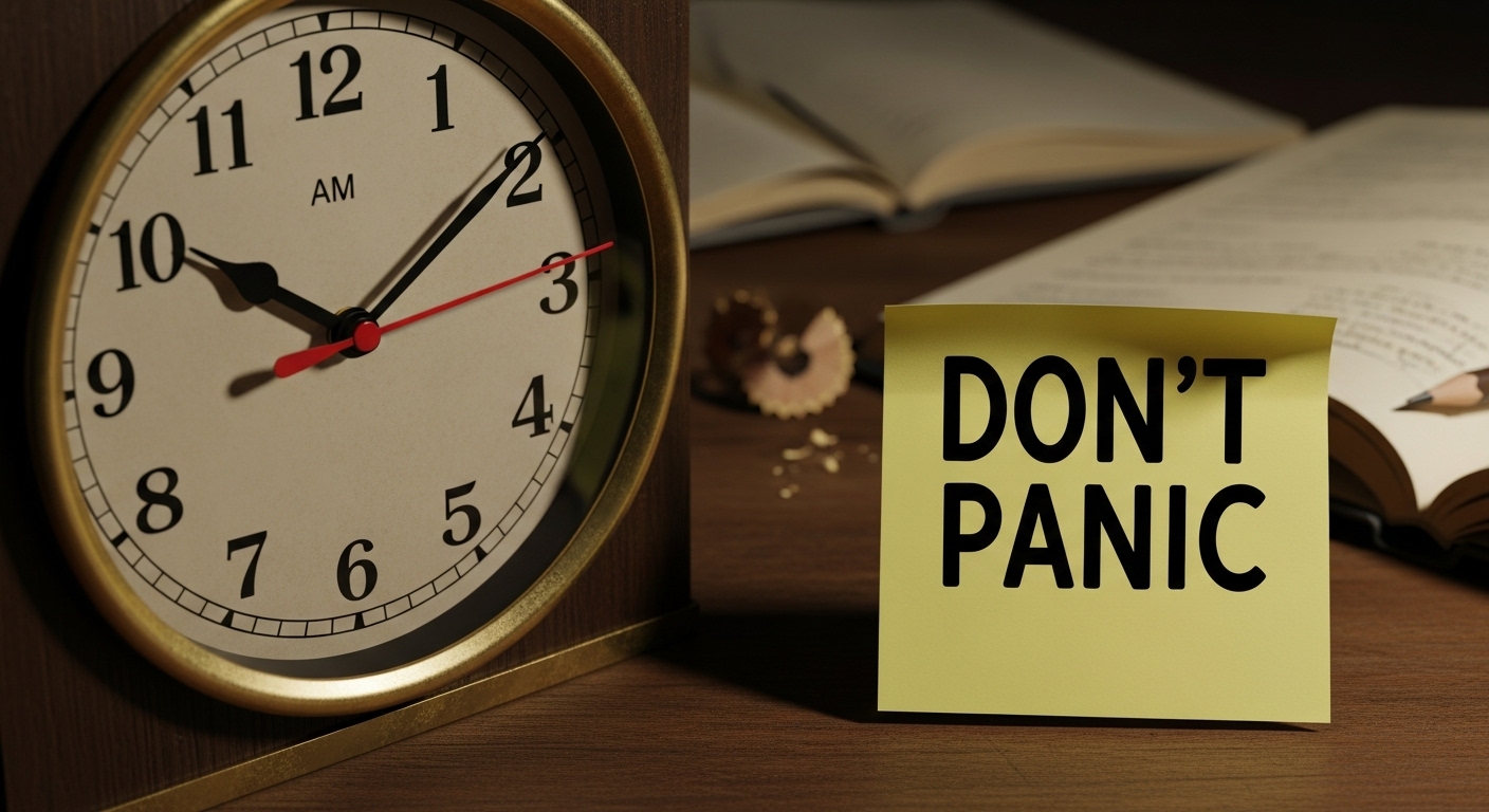 A clock pointing to 900 AM with the second hand moving urgently. A post-it note with 'DON'T PANIC' is stuck next to the clock.