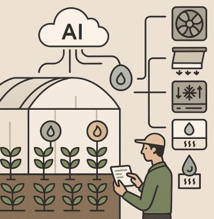 스마트팜 온습도 제어를 표현한 인포그래픽. 온실 내부의 온도와 습도 센서가 데이터를 수집하고, 클라우드 AI가 분석하여 환기창, 차광막, 냉난방 장치, 가습기&middot;제습기를 자동으로 제어하는 과정을 시각화한 이미지.