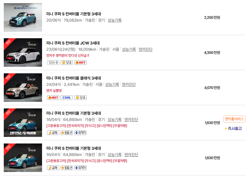 미니 쿠퍼 컨버터블 중고차 가격 시세표 연비