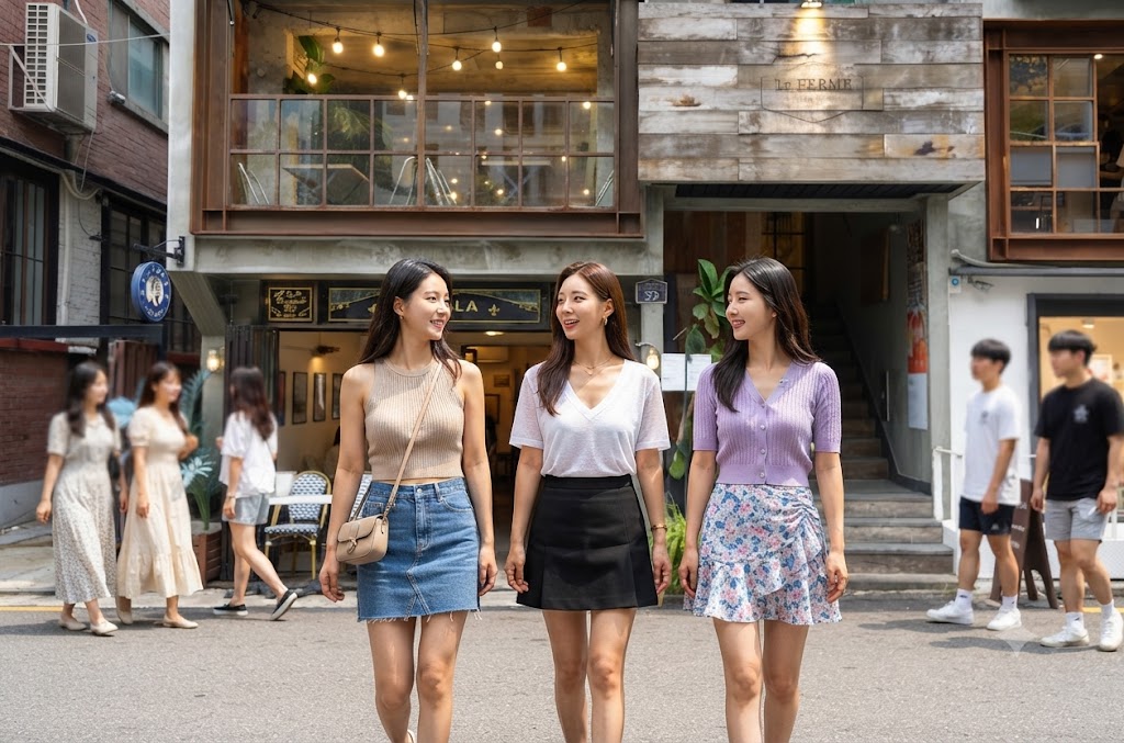 한남동 카페 거리를 걷는 사람들