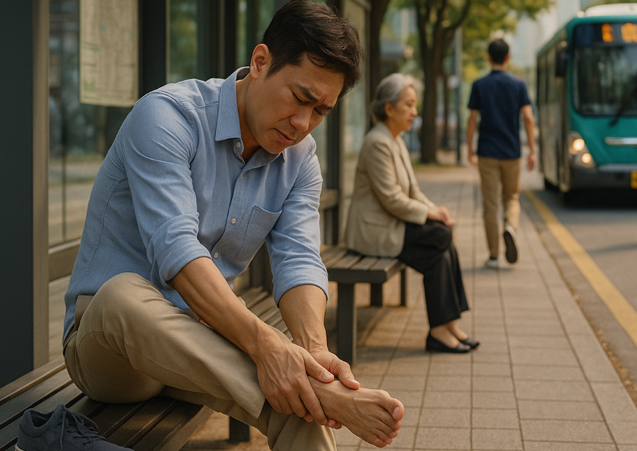 발바닥에 통증을 느끼며 마사지 하는 중년 남성의 모습