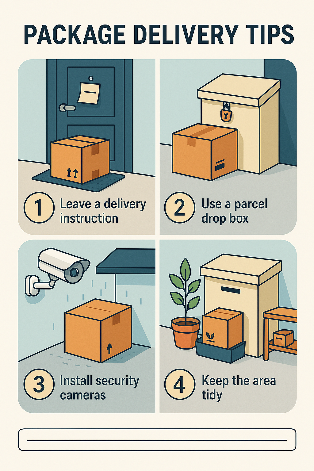 A modern infographic showing four package delivery tips: placing delivery instructions on the door, using a secure parcel drop box, installing a security camera, and keeping the delivery area neat with organized storage