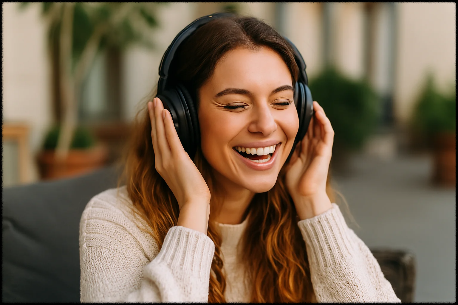 음악을 들으며 즐거워하는 여성의 모습