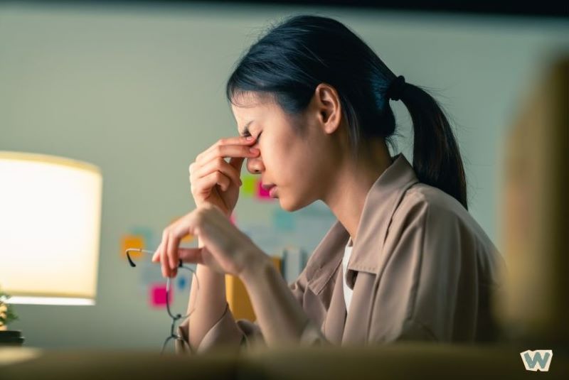 스트레스로 인한 두통과 피로감을 느끼는 직장 여성이 사무실에서 이마를 만지고 있는 모습 via canva