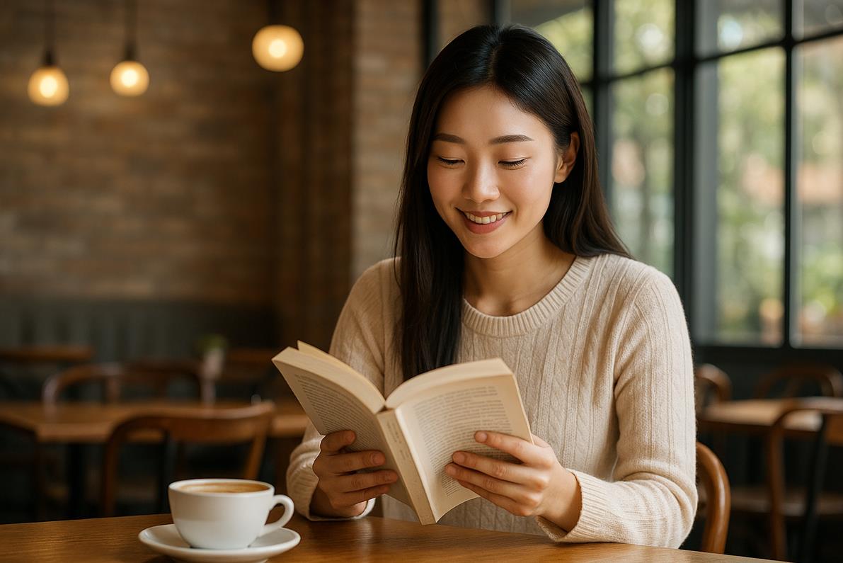 주말 같은 분위기의 카페에서 책을 읽으며 여유를 즐기는 젊은 여성