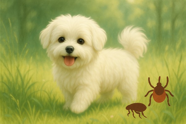 풀밭 산책하는 강아지 옆으로 진드기/벼룩 아이콘이 보인다. 산책시 진드기나 벼룩이 중증 질병을 옮길 수 있음을 알림
