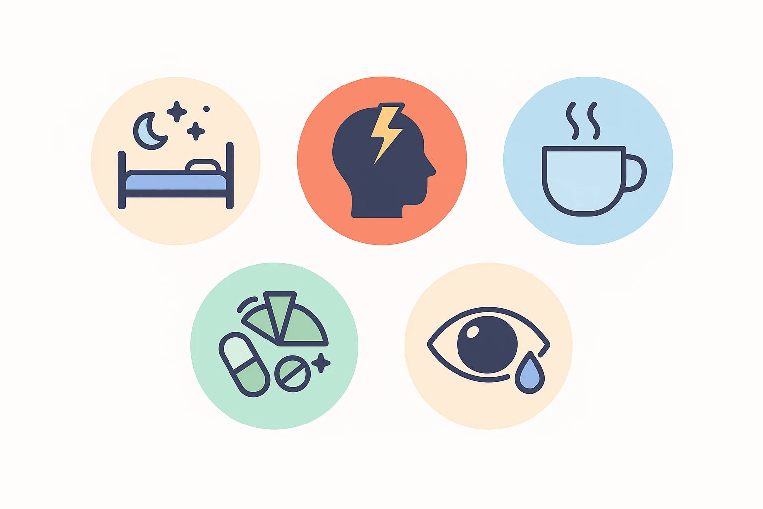 수면 부족, 스트레스, 카페인 과다, 영양 불균형, 안구 건조