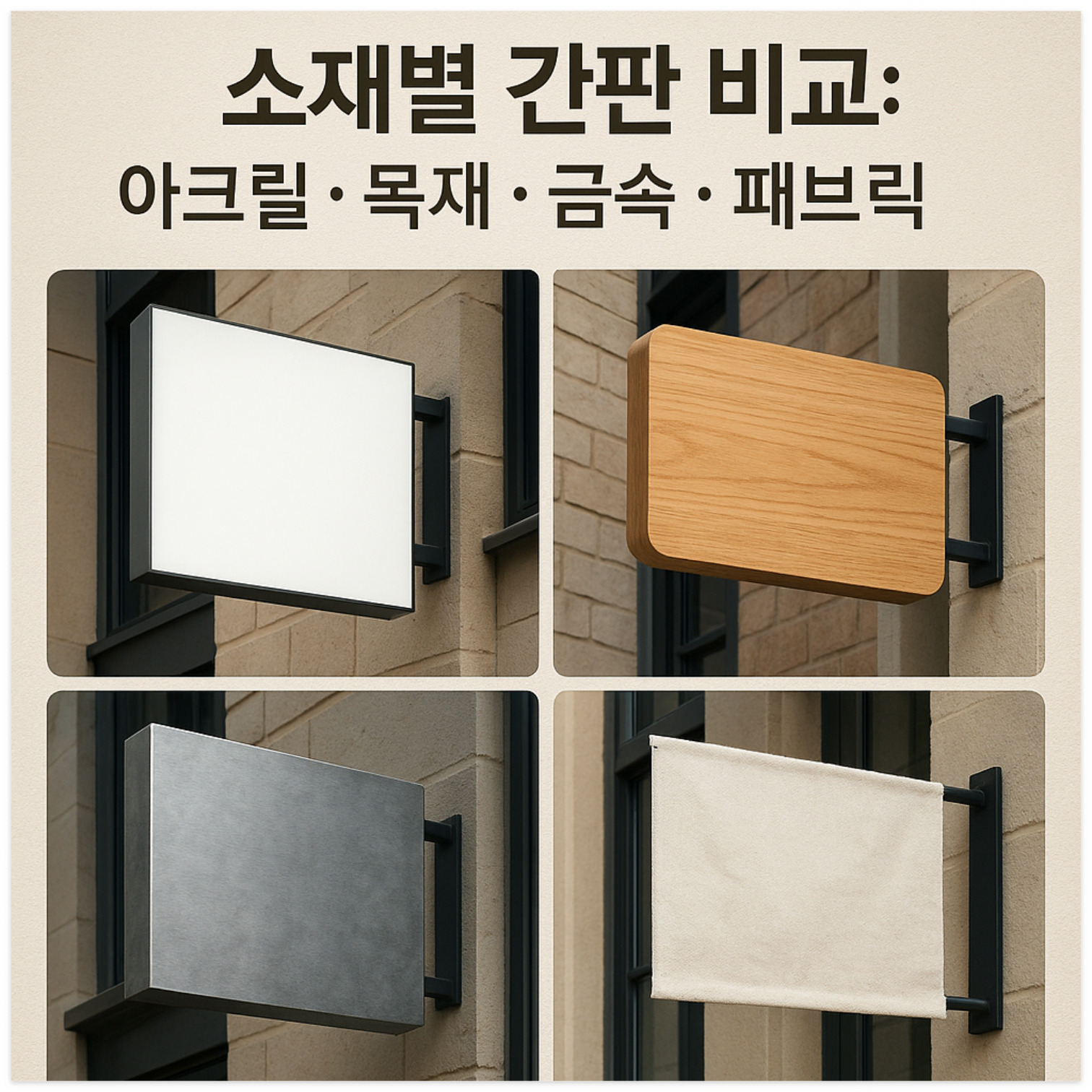 소재별 간판 비교: 아크릴, 목재, 금속, 패브릭