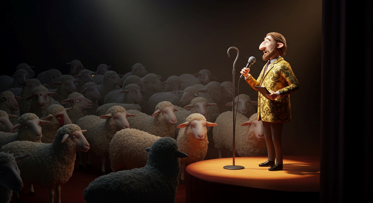 양들 앞 연단에서 스피치를 하는 남자