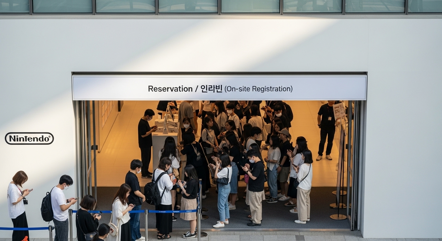 닌텐도 팝업스토어 입구에서 줄을 서서 대기하는 방문객들, 예약 및 현장 등록 안내판이 보인다.