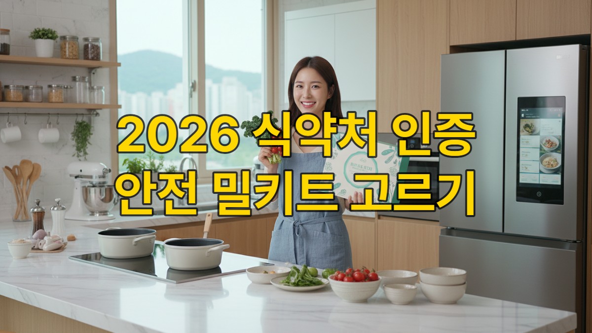 2026년 최신 기준에 맞춰 식약처 검증을 완료한 안전하고 건강한 밀키트로 요리하는 즐거운 한국 여성의 모습.